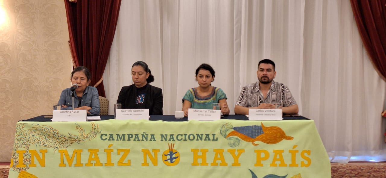 Mesa de la Campaña Nacional Sin Maíz No Hay País, integrada por Josefina Rosas, Gabriela Guzmán, Monserrat Téllez y Carlos Ventura de izquierda a derecha respectivamente. 