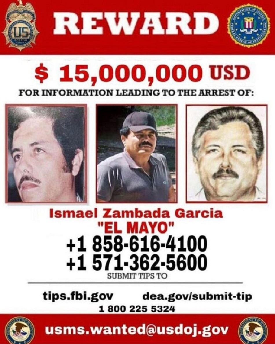 Wanted poster with reward for information leading to the capture of El Mayo Zambada